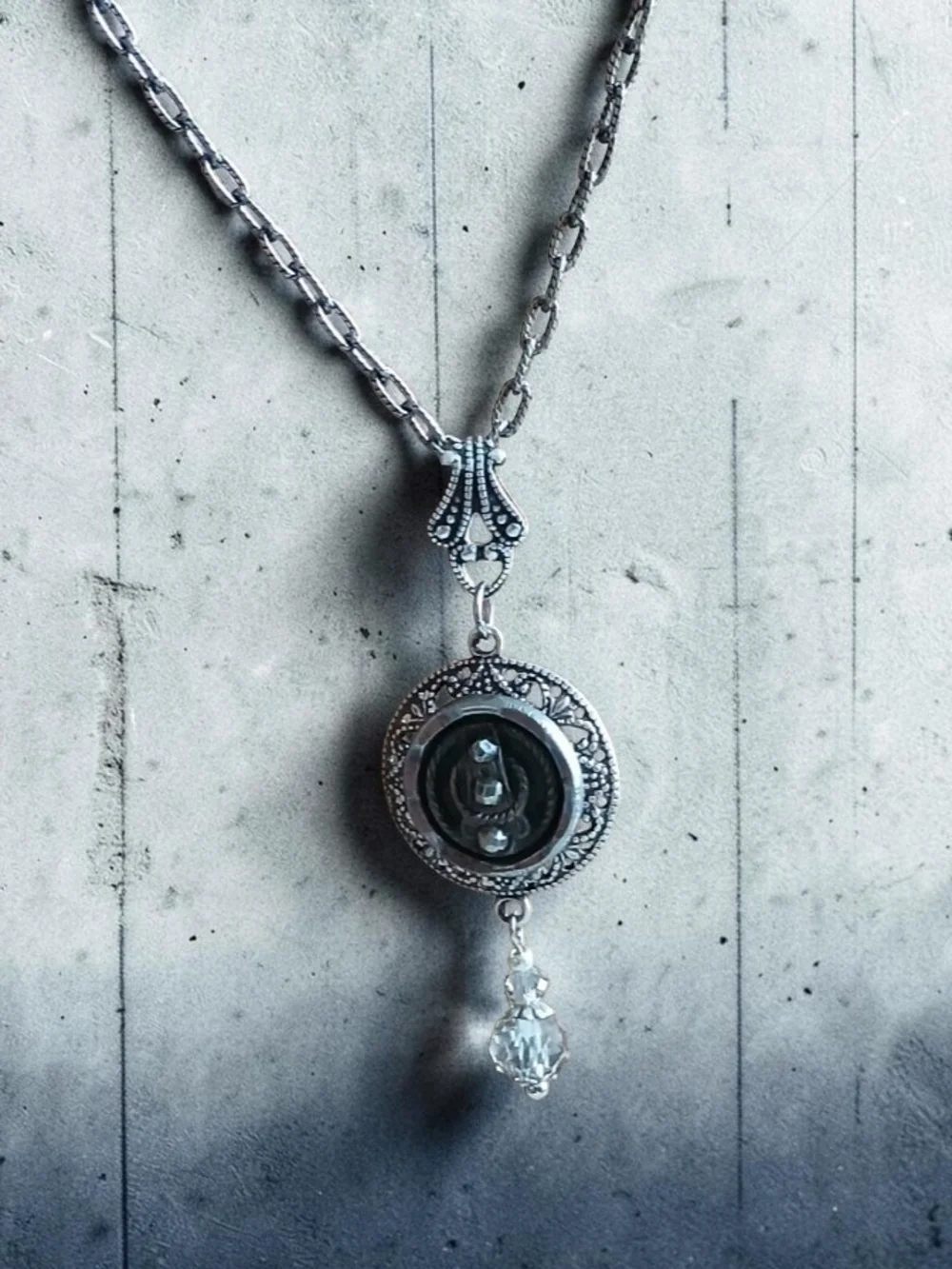Antique Picture Button Necklace Cut Steel Riveted Oxidized Silver